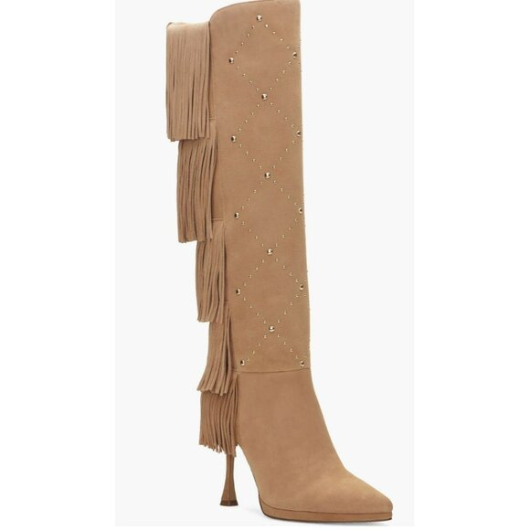 Vince Camuto $269 Panaryaz Knee Tan Gold Stud Fringe Knee High Boot NEW - Picture 1 of 11